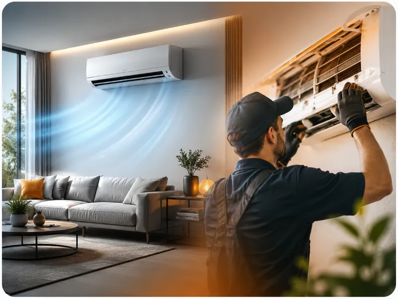 Technicien installant une climatisation réversible murale dans un salon