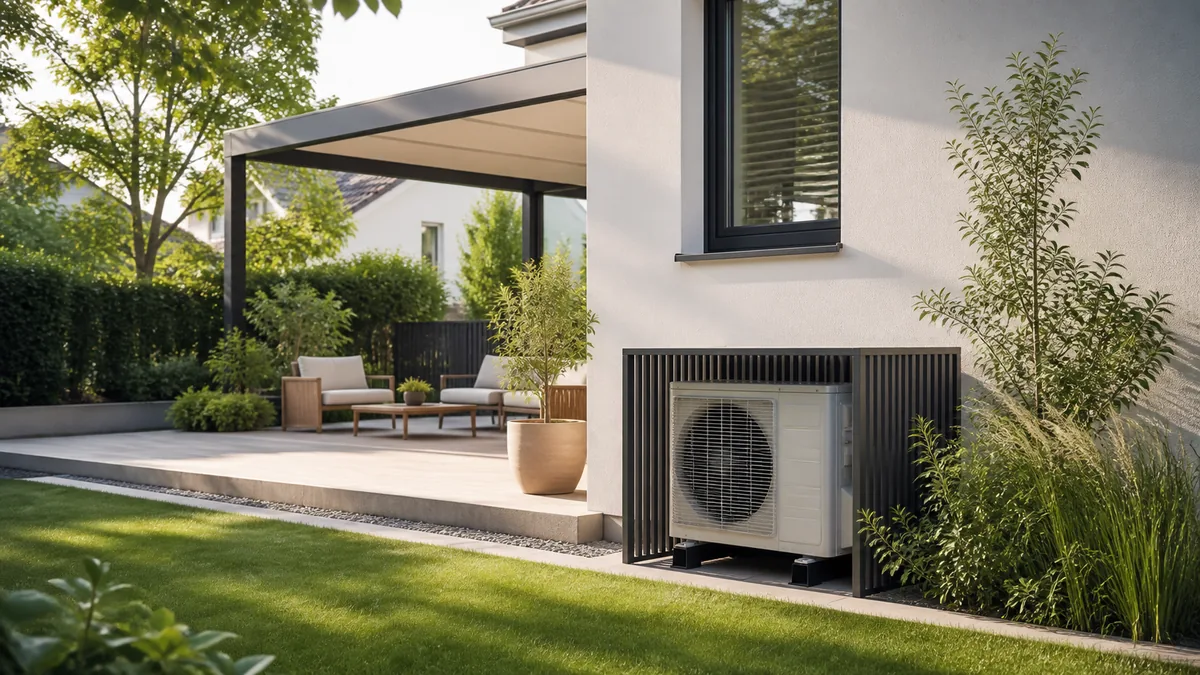 Groupe extérieur de climatisation réversible intégré dans le jardin d’une maison en Essonne