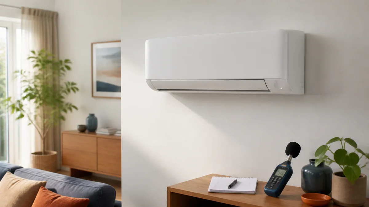 Unité intérieure de climatisation éteinte dans un salon avec un sonomètre posé sur un meuble