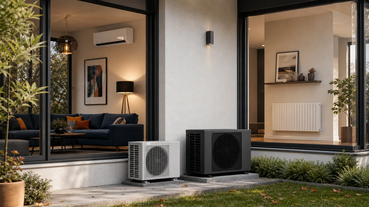 Maison équipée d’une PAC air-air avec unité murale et d’une PAC air-eau alimentant un radiateur