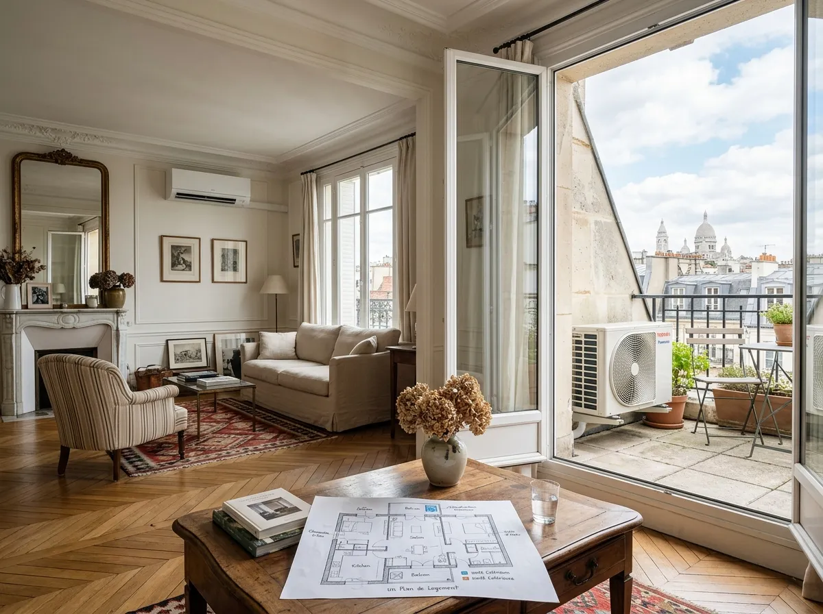 Climatisation réversible avec unité intérieure et groupe extérieur dans une maison française