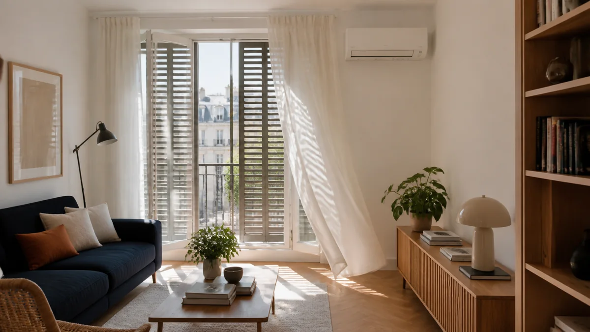 Salon moderne protégé du soleil par des volets et rafraîchi par une climatisation murale