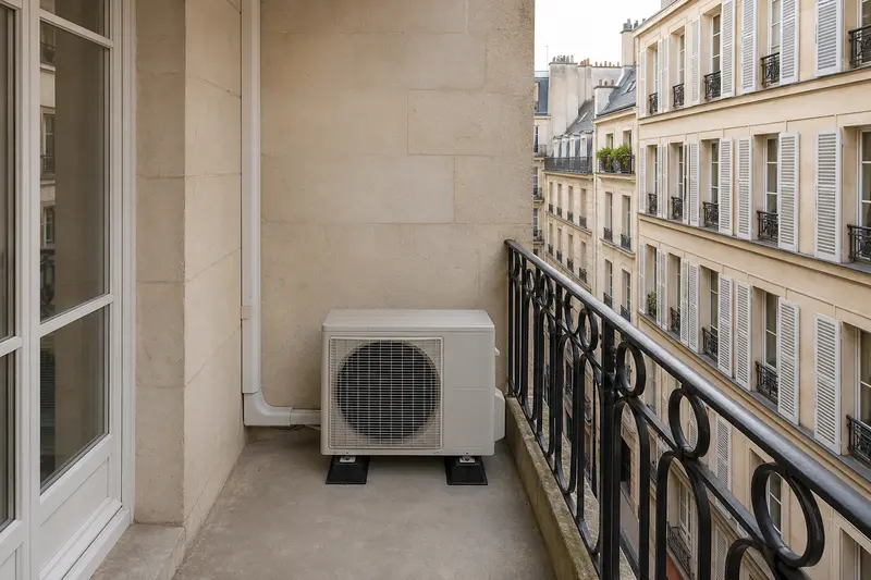 Unité extérieure de climatisation posée sur des supports antivibratiles